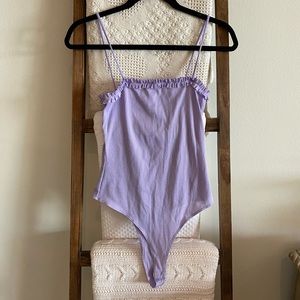 Cotton Candy LA purple ribbed ruffle detailed spaghetti strap bodysuit